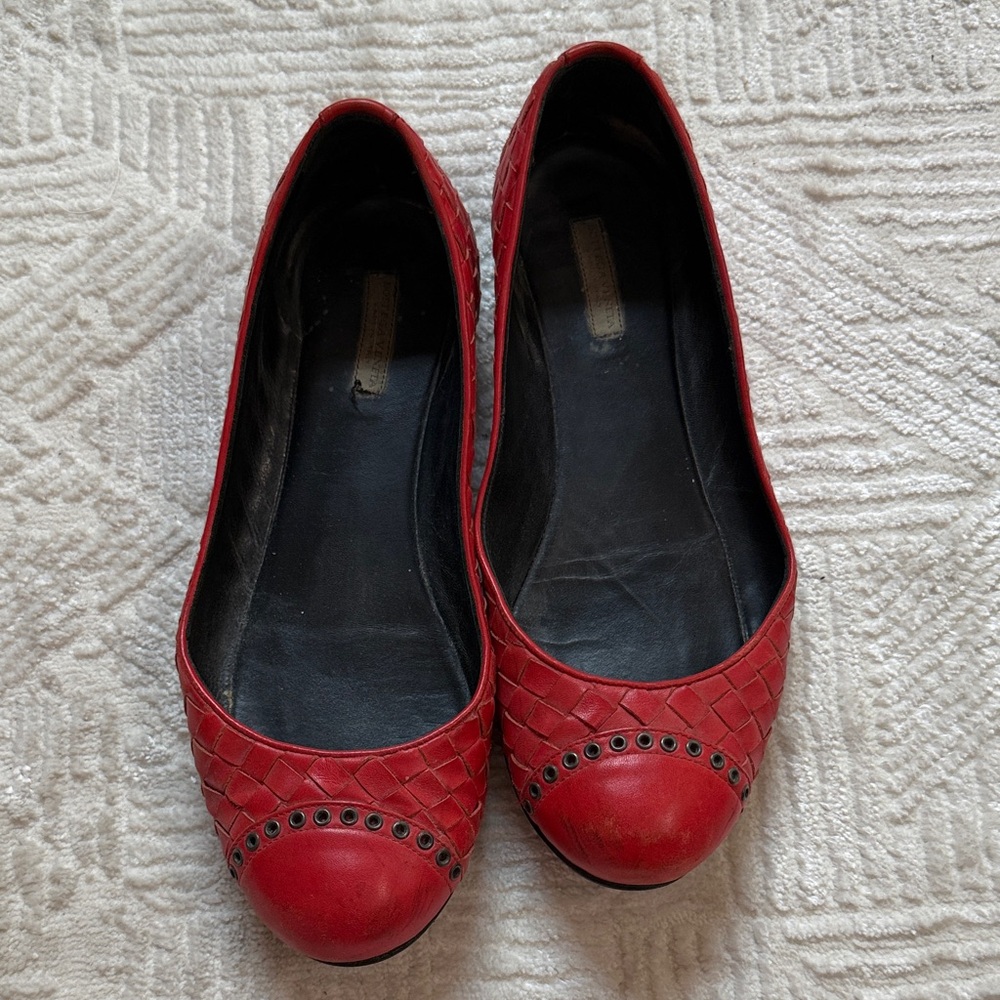 Bottega Veneta Red Woven Leather Flats